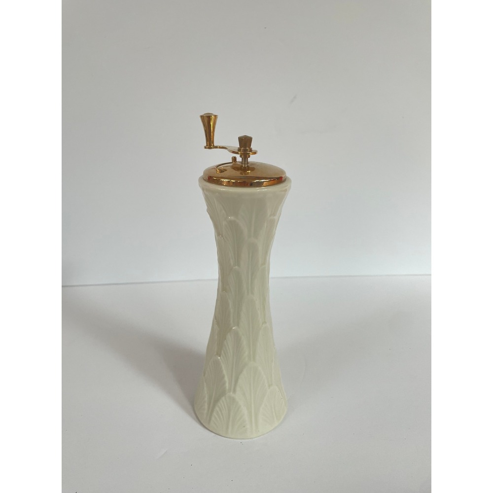 Lenox Vintage Ivory Porcelain Pepper Mill Gold Tone Hand Crank Made in USA